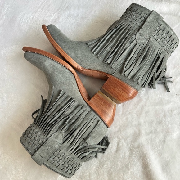 Frye Shoes - FRYE Steel Blue Suede Sacha Fringe Leather Western Bootie--NEW--7.5